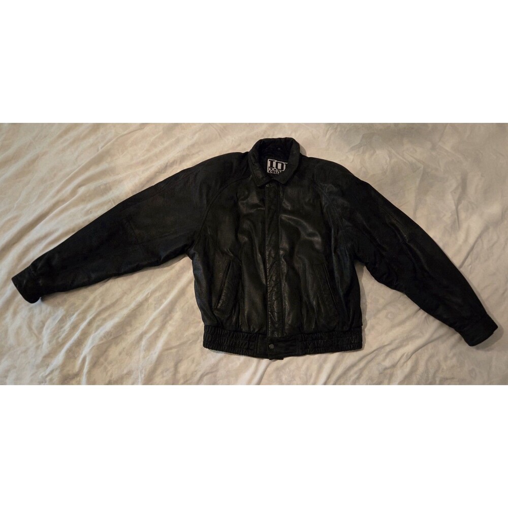 Vintage IOU Genuine Leather Bomber Biker Jacket M Black Full Zip 90s Snap Button